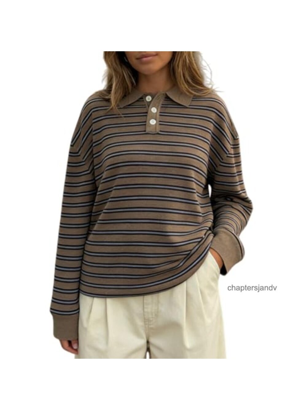 Oversized Striped Polo Sweater Women Collared Long Sleeve 100% Acrylic Knit